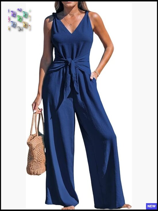 Pants - Sleeveless V-Neck Jumpsuit Wide Leg Pants Tie Knot Chic Summer Romper